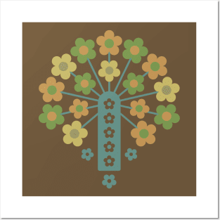 COW PARSLEY Retro Seventies 1970s Floral Botanical Pattern in Vintage Earthy Brown Teal Green Citron Tan Posters and Art